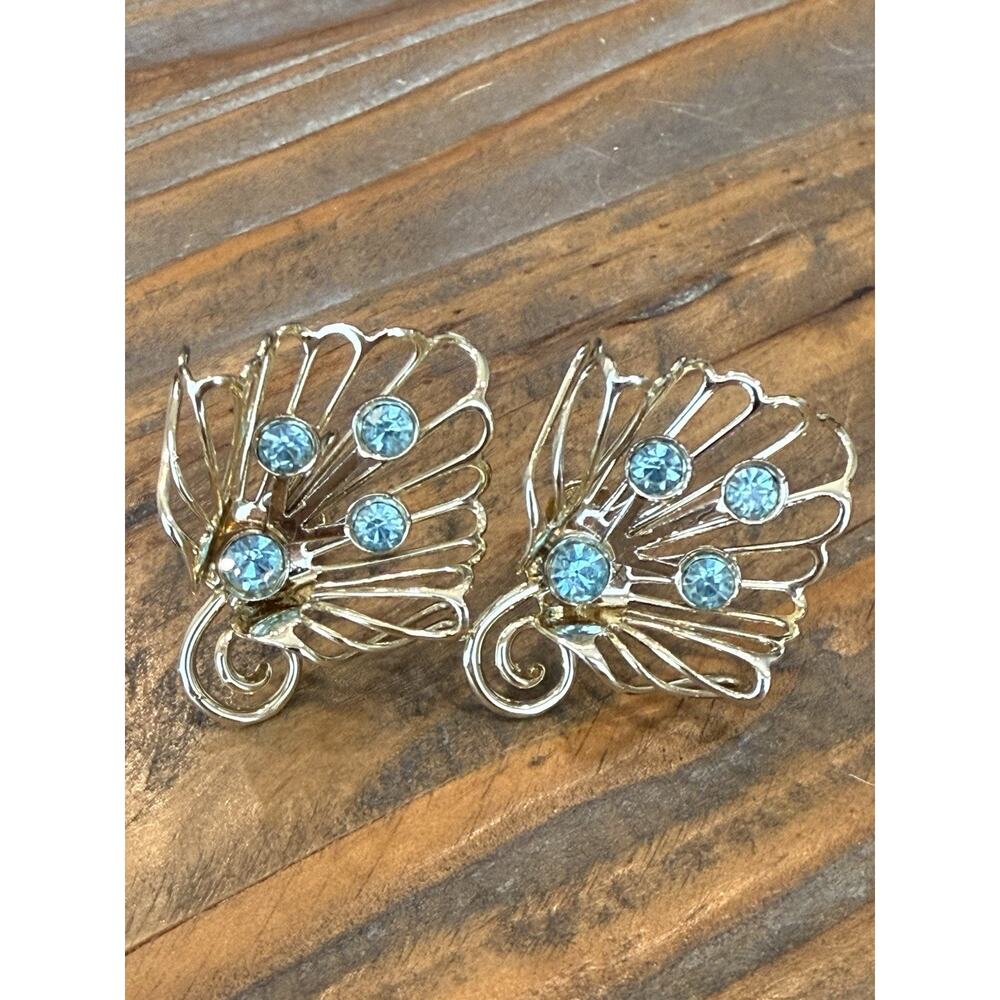 Vintage Retro Turquoise Rhinestone Fan Spray Screw Back Gold Tone Earrings